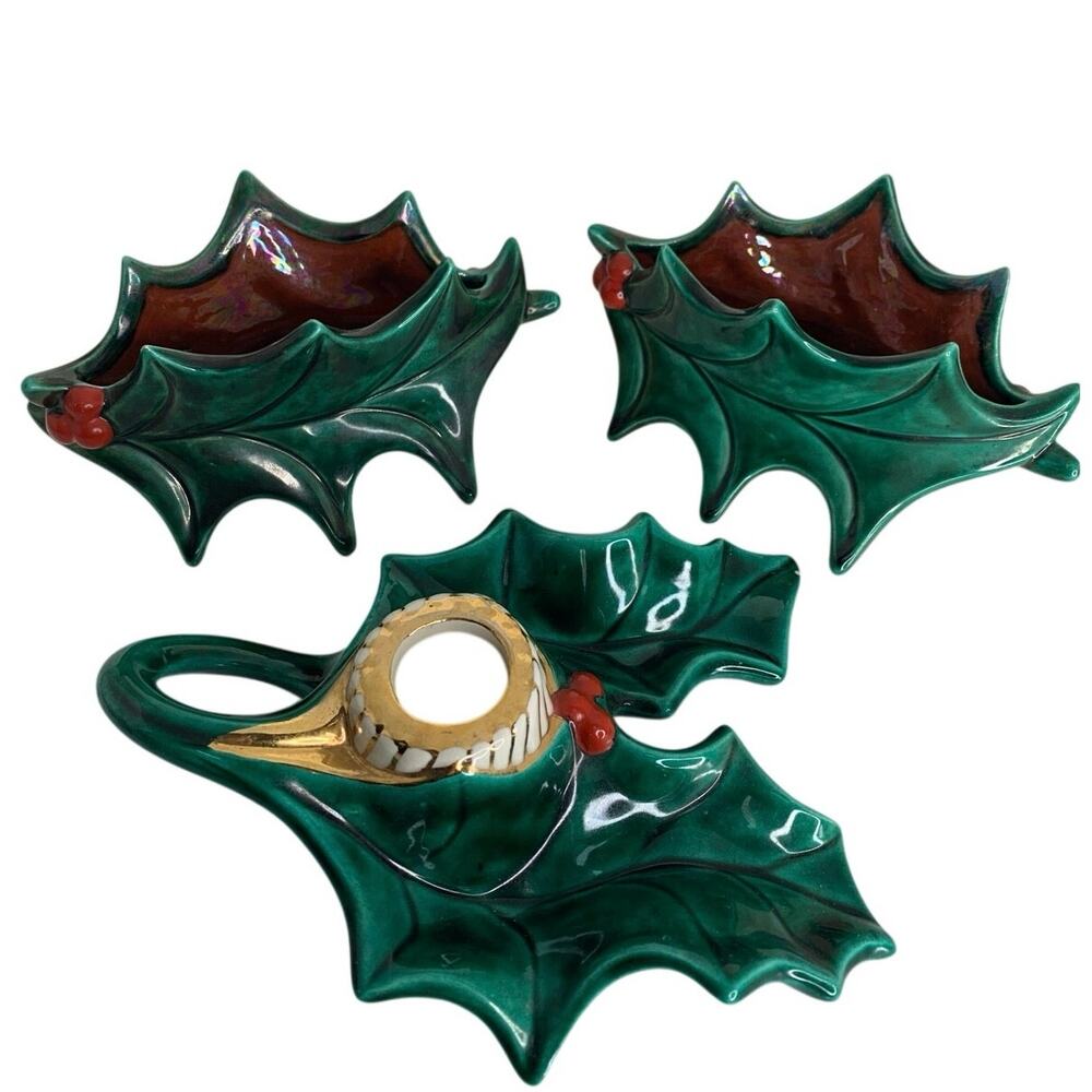 Vintage Atlantic Mold Holly Leaf Set of 2 Candy Dishes And 1 Candle Holder
